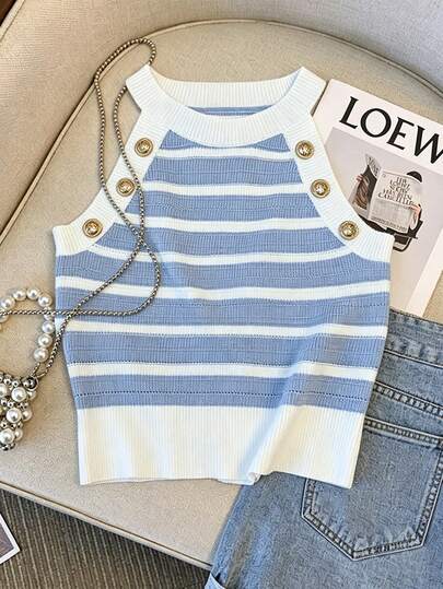 Airaco Sexy Spicy Sleeveless Knit Top, Colorblock Striped Cropped Lightweight Summer Blouse For Women