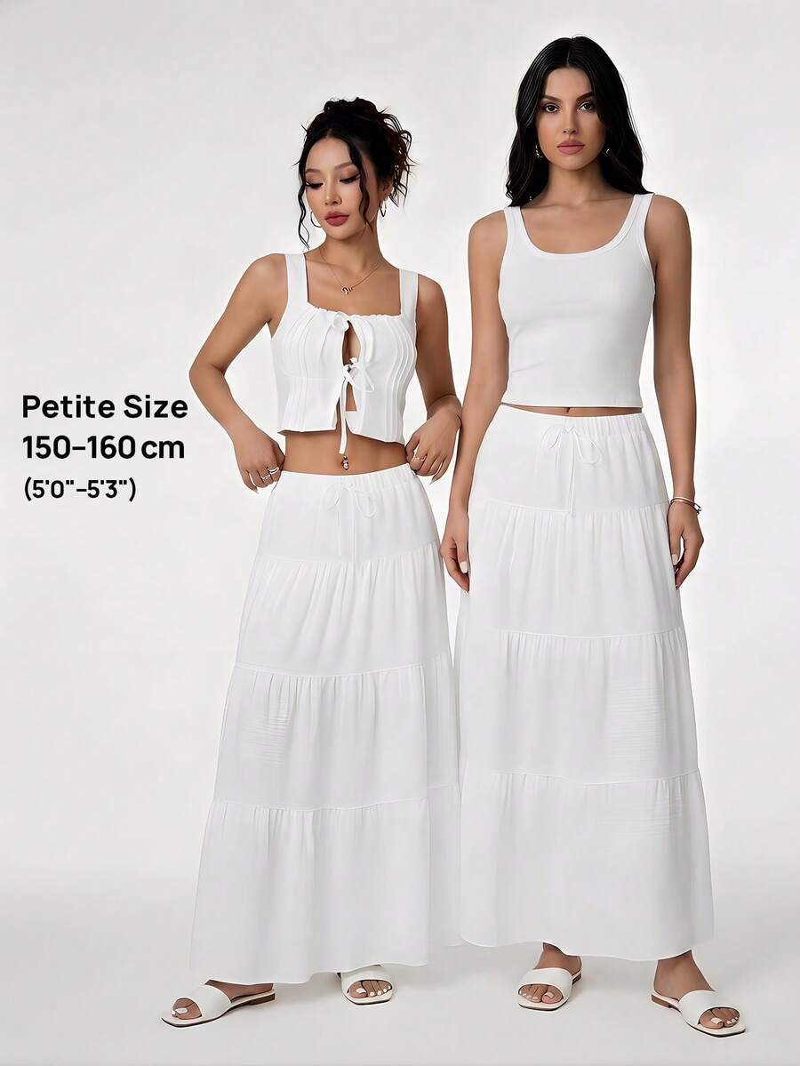 SHEIN PETITE Plain Color Casual Long Skirt White - White - View 1