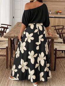 Plus Size Floral Print Asymmetrical Shoulder Dress - Multicolor - View 2