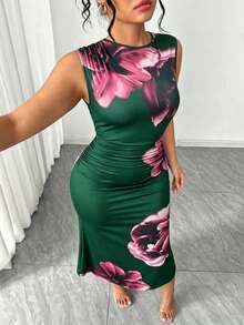 SHEIN PETITE CURVE 大码女式碎花修身无袖连衣裙，优雅适合约会和外出 - 墨綠色 - 查看 3