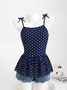 Áo tank top hai dây chấm bi màu xanh dương cho bé gái, chất liệu mềm mại và thời trang, đa năng cho kỳ nghỉ hè, du lịch, đi học và mặc hàng ngày. - Màu xanh lam - Xem 4