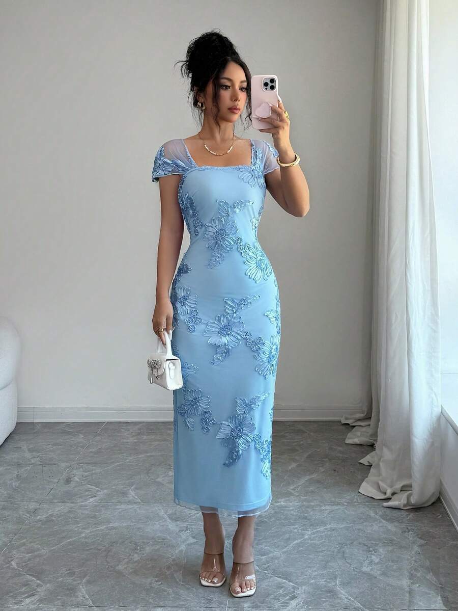Elenzga 女士优雅浪漫网纱刺绣褶皱中长连衣裙,适合婚礼季、派对、约会、休闲外出(刺绣图案随机) - 藍色 - 查看 1