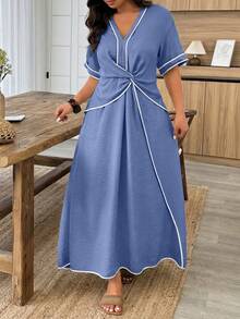 Weeklong Vestido maxi de manga corta con bloqueo de color en algodón y lino color albaricoque y negro, un vestido para mujer de talla grande adecuado para vacaciones casuales y salidas diarias en primavera y verano. - Azul - Ver 6