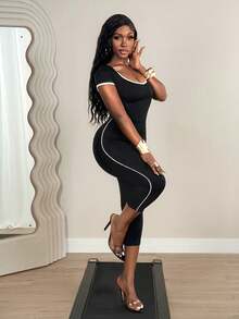 SHEIN BamGlam Women's Summer Fashion Contrast Trim Round Neck Jumpsuit - Black - View 6