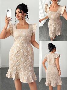 Elenzga Plus Size White Printed Woven Textured Fabric Bodycon Fishtail Dress,Elegant Square Neck Cap Sleeve Summer Bridal Wedding Guest Dress Women's - Apricot - View 1