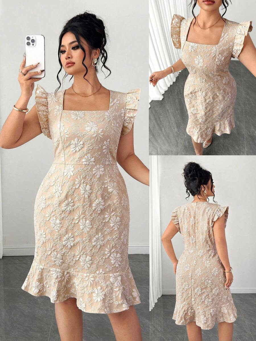 Elenzga Plus Size White Printed Woven Textured Fabric Bodycon Fishtail Dress,Elegant Square Neck Cap Sleeve Summer Bridal Wedding Guest Dress Women's - Apricot - View 1