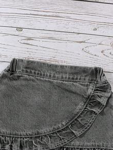 Elladie kids Bộ quần short denim tay bồng kiểu cánh hoa dễ thương, thời trang cho bé gái, kèm chun co giãn. - Màu Xám nhạt - Xem 5