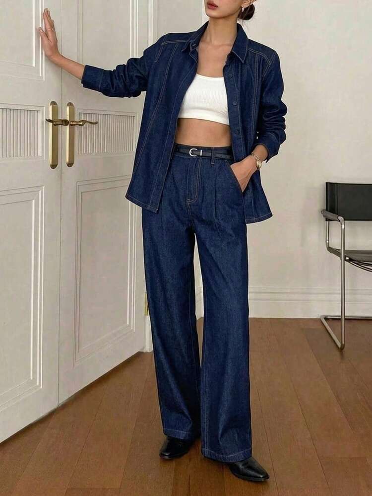 Women's Fashion Waist Cinched Denim Top & Flare Leg Pants Set Business Casual Woman