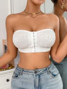 SHEIN 1pc Lace Patchwork Front Closure Wireless Bandeau Bra For Women - White - View 5