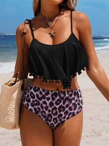 Swim Lushoire Women's Rainbow Leopard Ruched Camisole Tankini Top Leopard Print Triangle Bottom 2-Piece Swimwear Set Summer Casual Tropical Beach Vacation Party - Multicolor - View 7