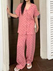 Dazy Plus Heart Print Turndown Collar Loose Pajama Set, Includes Top And Pants - Coral Pink - View 2
