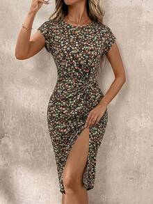 SHEIN Clasi 女士圆领腰部扭结开衩碎花度假连衣裙 - 彩色 - 查看 6