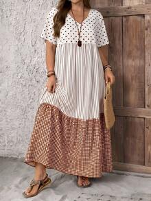 EMERY ROSE Plus Size Polka Dot & Striped Patchwork Short Sleeve Dress - Rust Brown - View 1