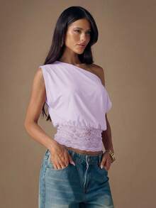 SHEIN BAE Blusa Fashionável Assimétrica de Ombro com Recortes em Renda de Tricô Preto para Mulheres, Outono/Inverno - Malva - Visão 4