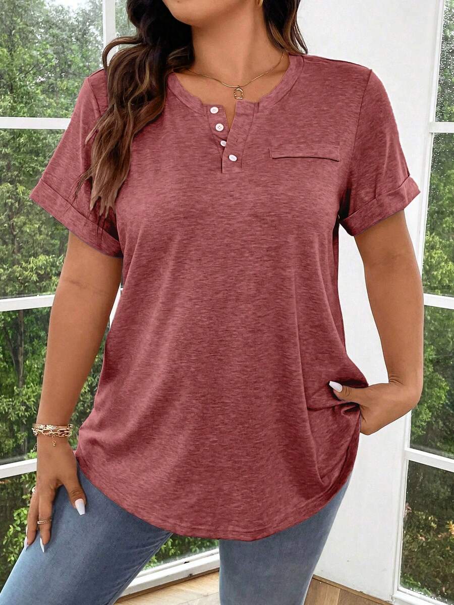 EMERY ROSE Plus Size Solid Color Half Button Front Cuffed Sleeve T-Shirt Henley Shirtpink Tshirtpink T Shirtpink Top Women - Hot Pink - View 1