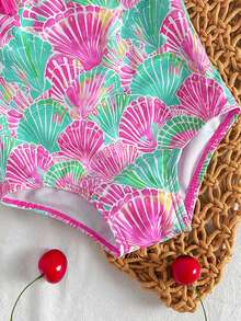 Traje de baño de una pieza con estampado de conchas de colores y volantes para bebés niñas, diseño ajustado adecuado para la playa, vacaciones y actividades de verano - Multicolor - Ver 5
