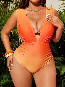 SHEIN Swim Lushore Plus Size Sexy One-Piece Swimsuit, Deep V-Neck Starfish Decor Beach Swimwear - Orange - View 6