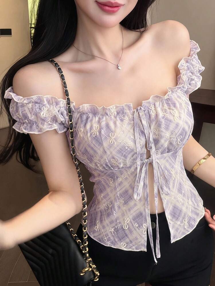 Spring & Summer Bow Embroidery All-Over Print Textured Lace Blouse, Off-Shoulder Short Top With Front Tie Closure, Fitted Waist Short Sleeve Women Shirt For Valentine's Day, Wedding, Party