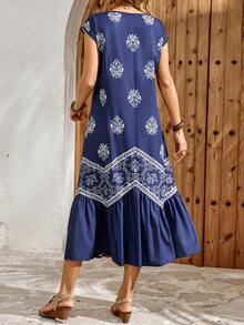 Women's Floral Print Round Neck Cap Sleeve Dress, Vacation - Navy Blue - View 2