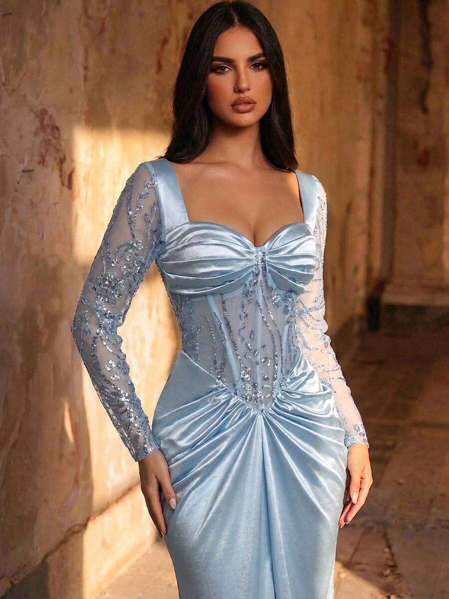 Glamrae Elegant Beaded & Sequin Patchwork Elastic Knit Ruched Mermaid Dress With Sheer Sleeves,Luxurious Heavily Embellished Gown For Wedding,Party & Formal - Baby Blue - View 1