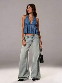 SHEIN TRNDY Elegante chaleco de mujer con escote en V y cuello halter con lunares, para primavera/verano - Azul - Ver 3