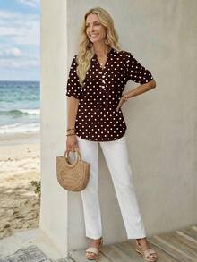 Camisa de mujer con estampado de lunares blancos sobre base rojo-marrón, de estilo minimalista y casual, adecuada para primavera/verano, vacaciones, estilo retro - Multicolor - Ver 5