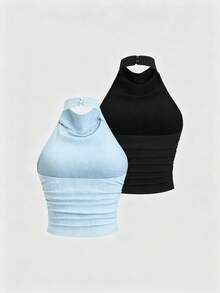 Sweetra 2 chiếc áo tank top nữ kiểu dáng thanh lịch, gợi cảm, cổ yếm, hở lưng, màu trơn, xanh lá cây/đen, thích hợp mặc đi làm, phong cách Y2K. - Nhiều màu - Xem 2