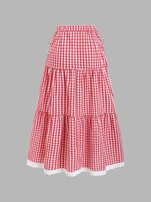 TRNVIE French Plaid Design Vintage Academic Layered Hem Patchwork Sweet Lace Spring/Autumn New Fashion Bowknot Decor Fresh Elegant Lady Skirt - Burgundy - View 3