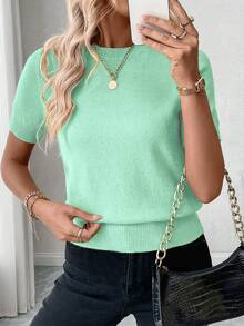 Pariaura Atasan Rajut Lengan Pendek Minimalis Warna Polos untuk Wanita, Cocok untuk Pakaian Sehari-hari - Mint Green - View 6