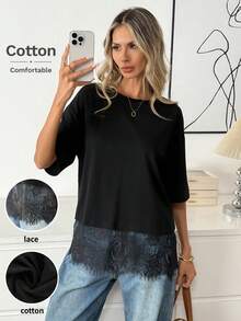 Teen Girls' Fashion Lace Patchwork Drop Shoulder 3/4 Sleeve T-Shirt - Black - View 4