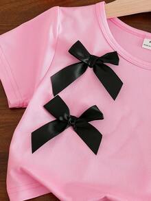 SHEIN Genkimix Kids Young Girls 2 Pieces Set: Gray Short Sleeve T-Shirt + Wide Leg Pants With 3D Bow Decor, Casual & Sports Wear, Summer - Pink - View 6
