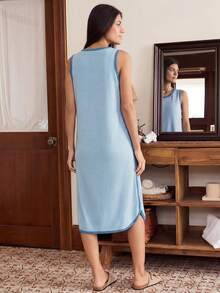 Doze Lane Áo ngủ hai dây thời trang tối giản phối viền tương phản dành cho nữ. - Màu xanh lam - Xem 2