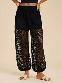 Travachic Lace Hollow Sheer Loose Balloon Pants - Black - View 5