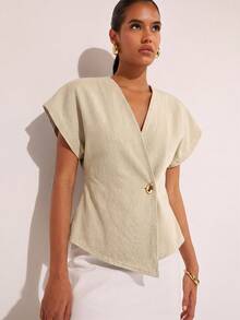 COSMINA Denim Women's Solid Color Short Sleeve Casual Denim Blouse, Fashionable & Minimalist For Summer Linen Tops For Women Resortwear For Women Blouse For Women Casual Modern Modern Tops For Women Outer Wear For Summer Women - Apricot - View 6