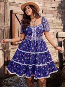 Ceyna Vestido de talla grande con estilo bohemio, estampado floral vintage y dobladillo de patchwork - Azul 2 - Ver 5