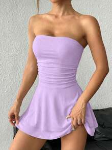 SHEIN PETITE Leopard Print Sexy Strapless Mini Dress With Layered Ruffle ,Petite Women - Purple - View 5