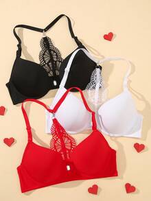 3pcs/Set Lace Padded Front Closure Sexy Backless Wireless Bra Set For Small Bust, Enhances Cleavage - Multicolor - View 1
