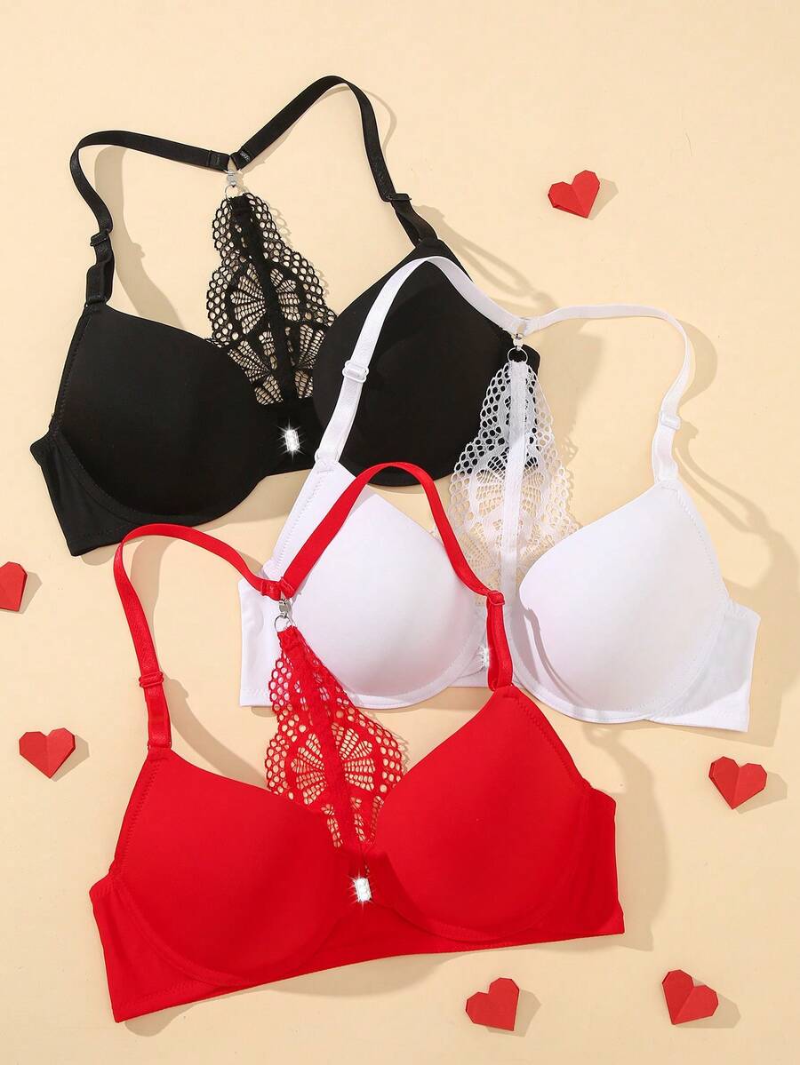 3pcs/Set Lace Padded Front Closure Sexy Backless Wireless Bra Set For Small Bust, Enhances Cleavage - Multicolor - View 1