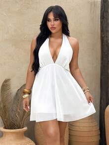Rustia Plus Size Sexy Halter Tie Solid Deep V Dress For Wedding Season - White - View 3