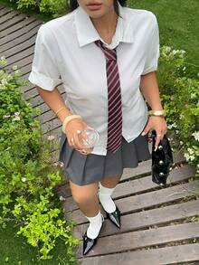Muchica Plus Size Casual Solid Color Cinched Waist White Shirt For Summer, Back-To-School School Style, Chic Daily Commute, Business, Party, Y2k Burgundy - White - View 7