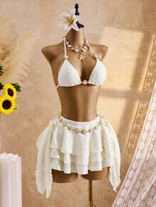 Swim Mod Bộ bikini gợi cảm buộc dây cổ kiểu jacquard mùa hè dành cho nữ, gồm áo tắm và quần lót tam giác, kèm váy ngắn. - Màu be - Xem 4