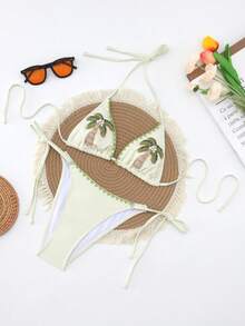 Swim Vcay Women's Resort Swimsuit Set, Embroidered Fabric, Green Knitted Trim Floral Design, Minimalist Classic Resort Style Bikini Set Bikini Set For Women Hawaii Outfits Women 2 Piece Cute Swimsuits For Women Palm Tree Bikini Vacation Outfits Women Bikini Set - Beige - View 2