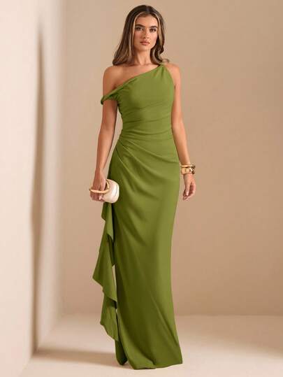 SHEIN BAE Autumn/Winter Bridesmaid Dress, Party Oblique Shoulder Twist Knot Strapless Pleated High Slit Ruffle Wrap Long Elegant Hem For Women