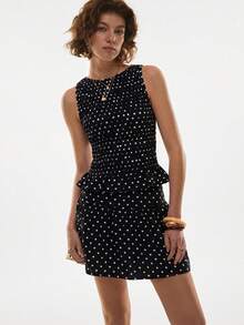 Poéselle 女士复古度假风波点印花吊带背心和短裙套装，适合日常穿着和通勤；黑色波点连衣裙；无袖迷你连衣裙；女士连衣裙；褶皱腰身连衣裙；女式连衣裙 - 黑色 - 查看 5