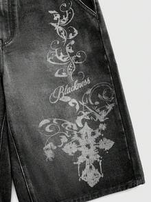 ROMWE MEN Quần jeans ống đứng dáng rộng in họa tiết, quần short nam dài đến đầu gối kiểu dáng thường ngày. - màu đen - Xem 4