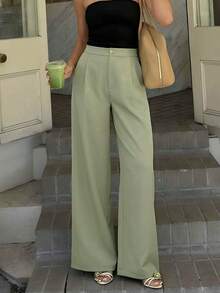 SHEIN Cottnline Women Button Detailed Wide Leg Pants - Olive Green - View 2
