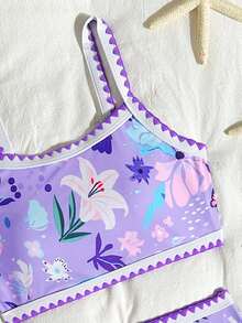 SHEIN 少女泳装，紫色花卉印花，两件套泳衣，紫色花朵工艺，适合海滩、度假、海边、夏季穿着 - 彩色 - 查看 3