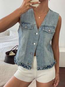 Chaleco/Chaqueta de mezclilla azul vintage con lavado y parches florales de estilo primavera y verano, para uso casual, al aire libre, festivales de música, estilo sexy y elegante para San Valentín, bodas y días festivos para mujeres - Azul - Ver 2