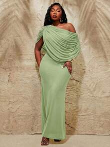 Radiana Elegant Mint Green Plus Size Women's Off Shoulder Maxi Dress With Draped Bodice Perfect For Prom And Special Occasions - Mint Green - View 3