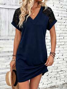 Qadelle Women's Solid Color V-Neck Raglan Sleeve Casual Minimalist Mini Dress, Summer - Navy Blue - View 1